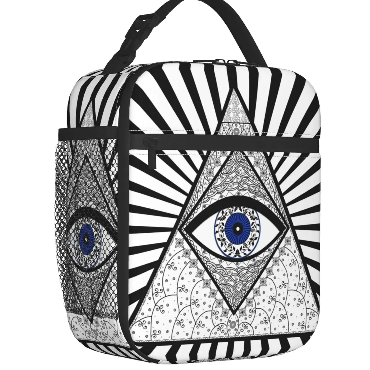 

Evil Eye Good Luck Charm Energy Triangle Insulated Lunch Tote Bag Geometric Amulet Nazar Cooler Thermal Food Lunch Box Camping