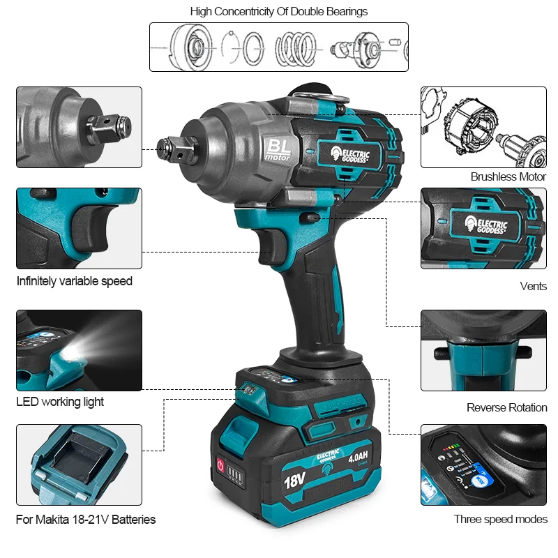 Электрическая богиня бесщеточная дрель крутящий момент 1000N M беспроводной