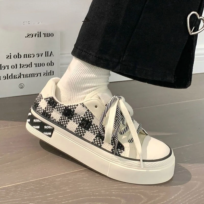 SHANPA Checkerboard Canvas Shoes for Wowen 2023 Spring New Thick Sole Casual All-match Sports Shoes Zapatillas Mujer