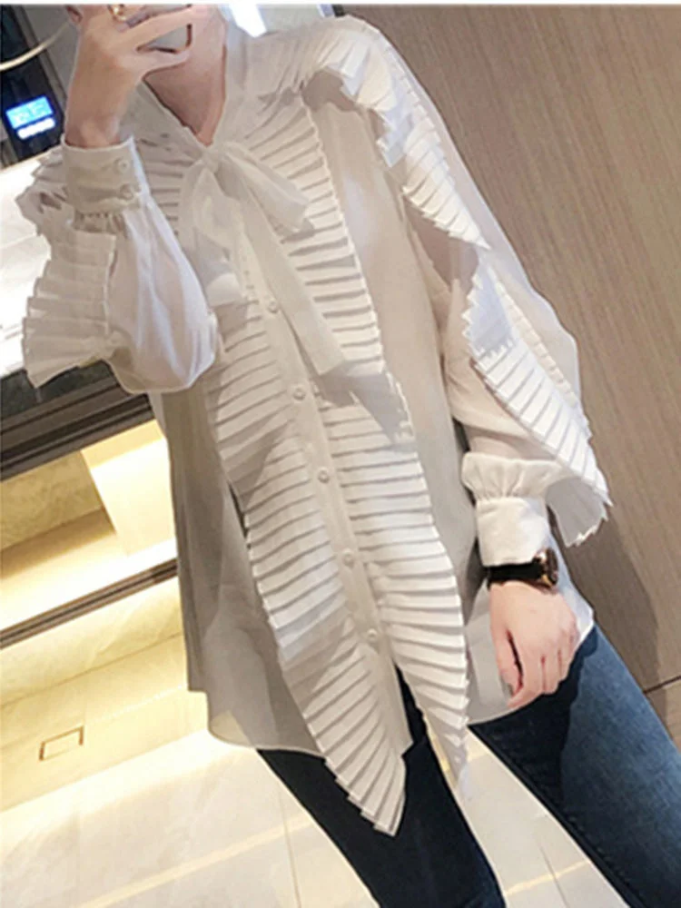 High Quality Long Sleeve Solid Blouse For Women Chiffon Single Breasted Temperament Blusas 2022 Spring Autumn New  B526