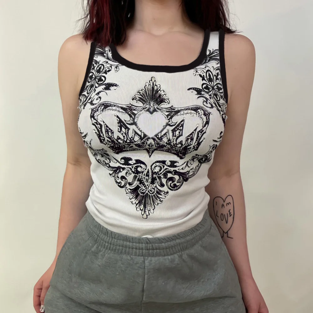 

Y2k Printed Tank Tops Cute White Knitted Crop Top Women Patched O Neck Sleeveless Basic Harajuku Summer Sweats Retro