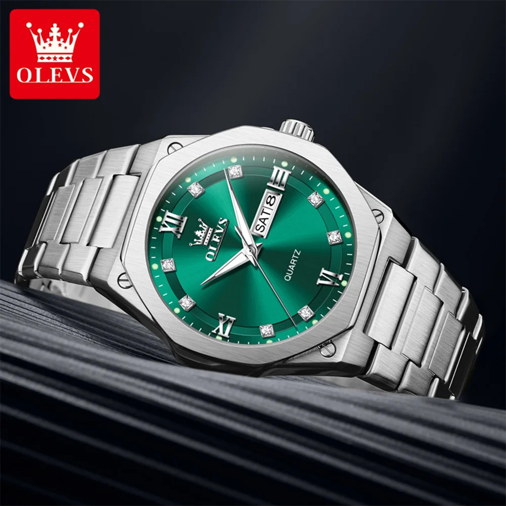 Фото Мужские спортивные кварцевые часы OLEVS 3736 Luxury Original, водонепроницаемые, с подсветкой, указателем дня недели и даты, в подарочной коробке, 2026 №3
