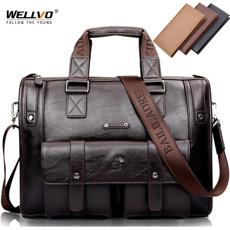 Men Leather Black Briefcase Business Handbag Messenger Bags 