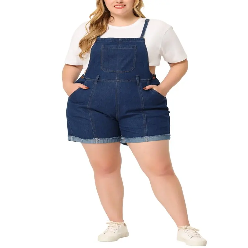 

HMCN Women`s Plus Size Overalls Denim Raw Hem Female Trousers Shorts Pants