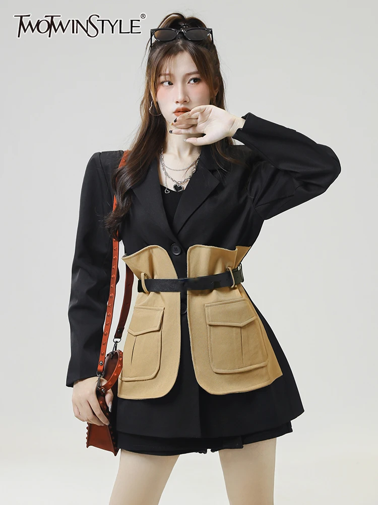 

TWOTWINSTYLE Hit Color Blazers For Women Notched Collar Long Sleeve Patchwork Belted Loose Coats Female Fashion Slim Clothes New