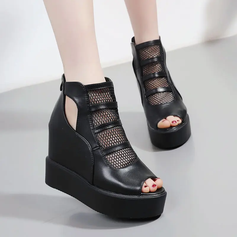 

Босоножки женские сетчатые на платформе, ажурные сандалии с открытым носком, высокий каблук, большие размеры до 42, летняя модель