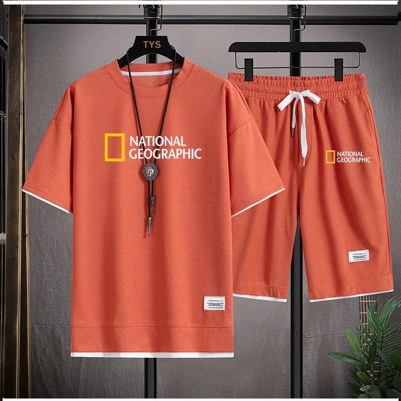 Waffle Short Sleeve T-shirt Men's Leisure Sports Set Wholesale Summer Loose Two Half Sleeve T-shirt Two Piece Set