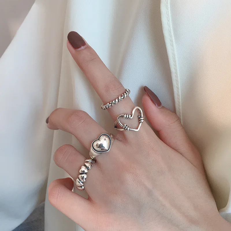 

Korean Retro Geometric Love Ring Woman S925 Silver Personality Cold Wind Student Opening Index Finger Ring Trend Summer Jewelry