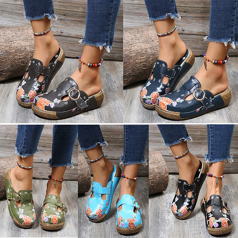 

2022 Summer New Ethnic Style Plum Blossom Totem Round Toe Thick Bottom Single Shoes Women's Sandals