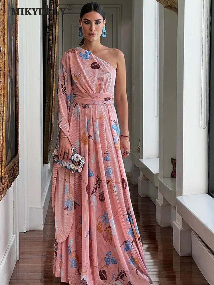

Mikydely Floral Print Maxi Dresses Women One Sleeve Long Dress One Long Sleeve Print Loose A Line Long Dresses Women Autumn 2023