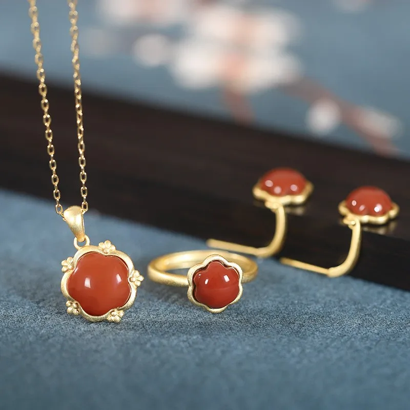 

XL364 ZFSILVER S925 Silver Fashion South Red Agate Gold Plum Blossom Hexagram Earrings Rings Necklaces For Women Wedding Jewelry