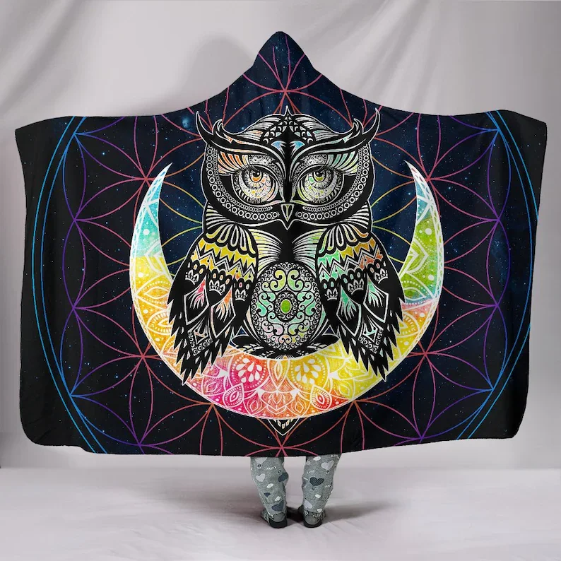 

Electro Owl Hooded Blanket - Celestial Flower Of Life, Sacred Geometry Throw, Mystical Blanket, Colorful Owl, Soft Wearable Blan