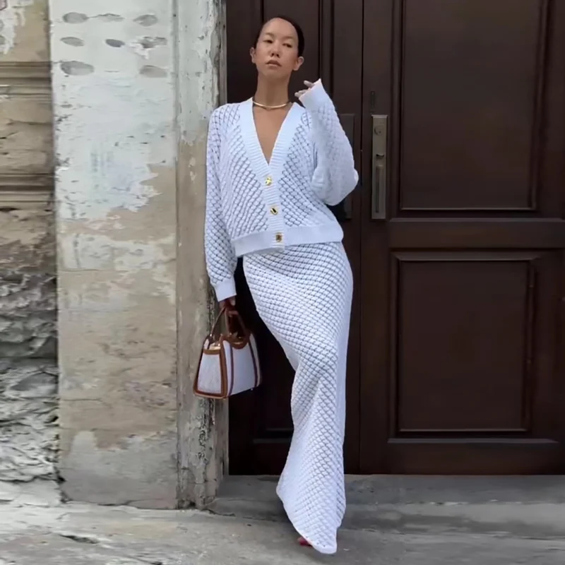 MSCSZ белая вязаная крючком юбка Женский вязаный кардиган свитер подходящий