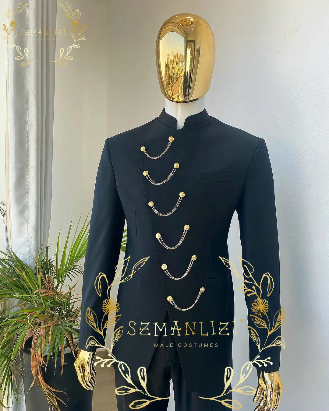 

Новинка 2023, черные костюмы в индийском стиле для мужчин, смокинг для жениха, мужской костюм для вечеринки, приталенный Свадебный костюм с воротником-стойкой, блейзер для лучших мужчин