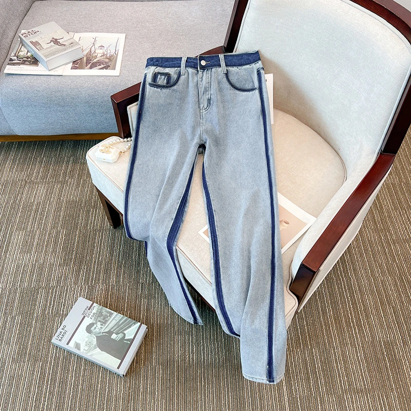 Fashion Contrast Color Strokes Edge Design Jeans Women High Wasit Baggy Wide Leg Denim Pants Light Blue Streetwear Trousers
