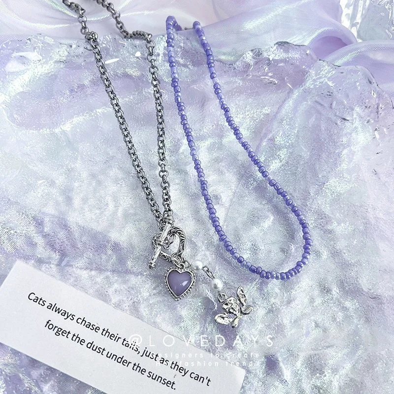 

Minar Sweet Purple Color Natural Stone Angel Wings Pendant Necklace for Women Double Layers Crystal Beads Chain Choker Necklaces