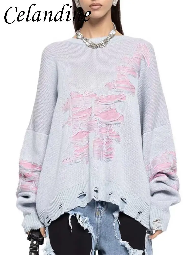 

Женские вязаные пуловеры Celandine на осень и зиму, повседневные свободные свитеры с длинным рукавом, ажурные модные Джемперы Y2K, 2023