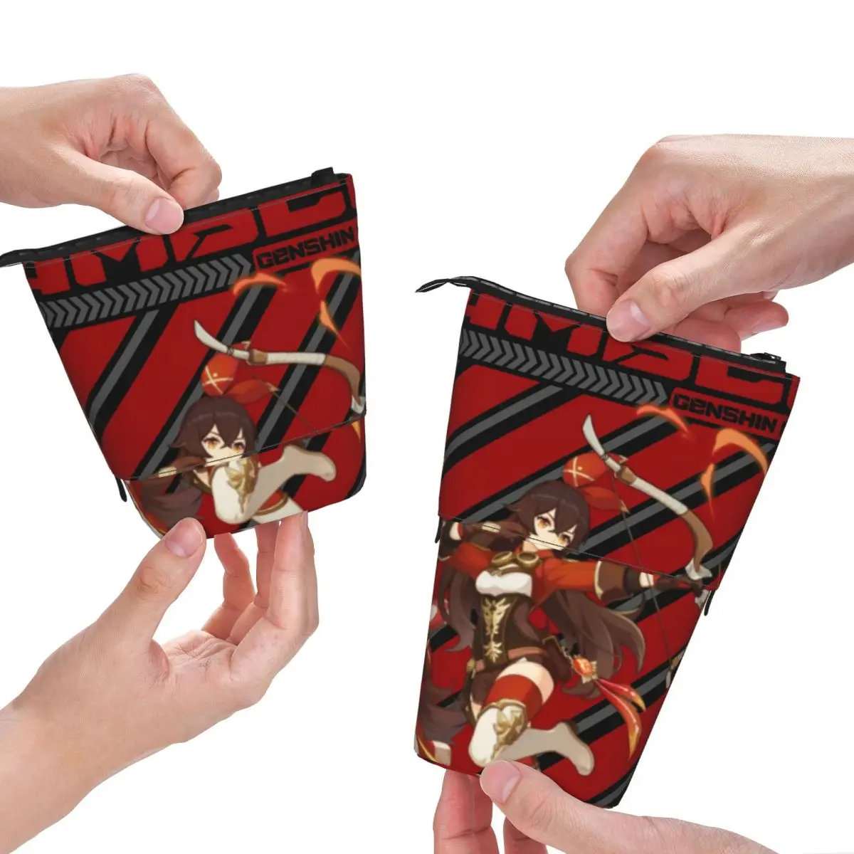 

Anime Genshin Fold Pencil Case Amber Wish Print Back to School Teenager Standing Pencil Box Kawaii Pen Bags
