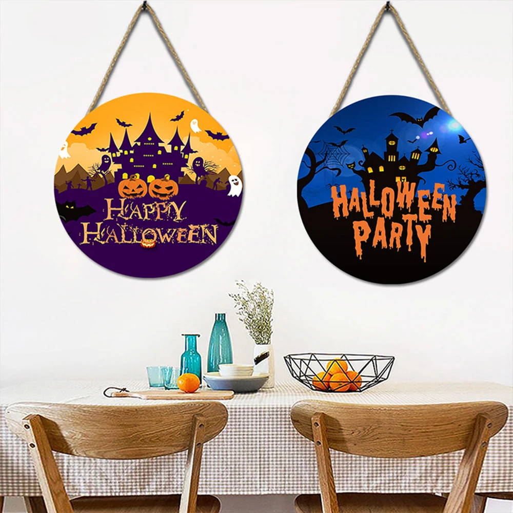 

Halloween Party Wall Decor Round Decorative Wooden Plaque Home Living Room Pumpkin Hanging Decoration Background for Garden Door