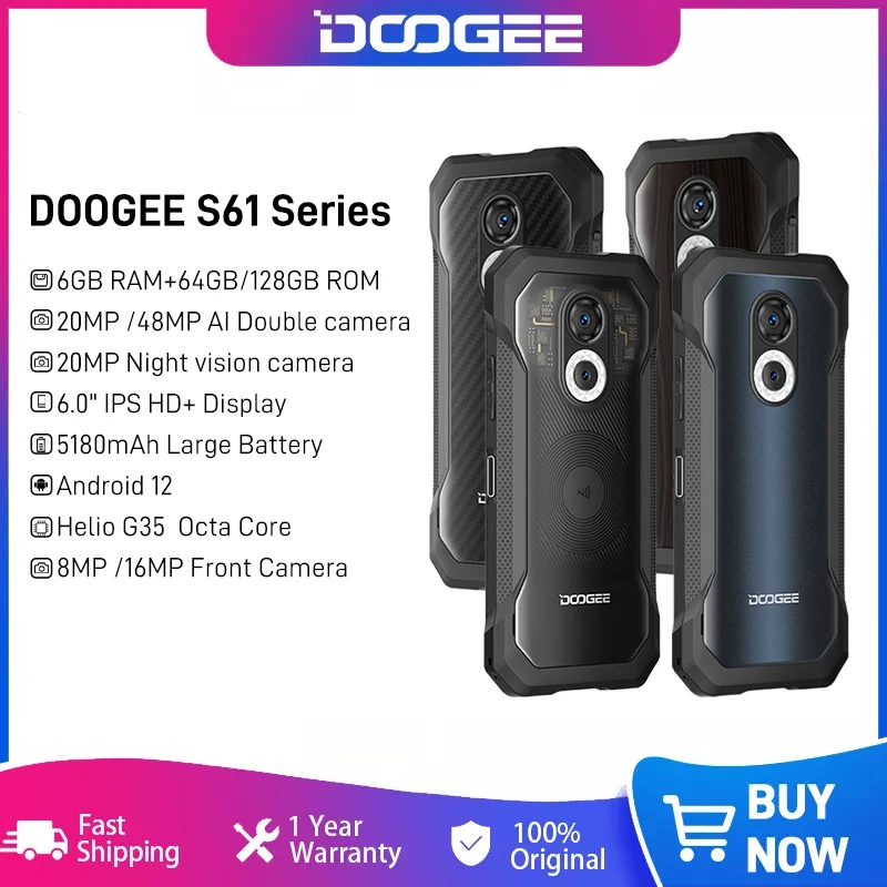 World Premiere DOOGEE S61 Series Rugged Phone 6.0 Multiple Back Case Design IP68/IP69K Night Vision Camera NFC Android 12 Phone