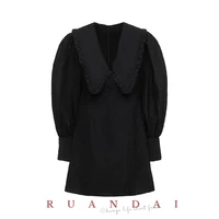 black pleated lantern long sleeve for ruandai 2022 summer new french jacquard doll collar sheath dress female free shipping