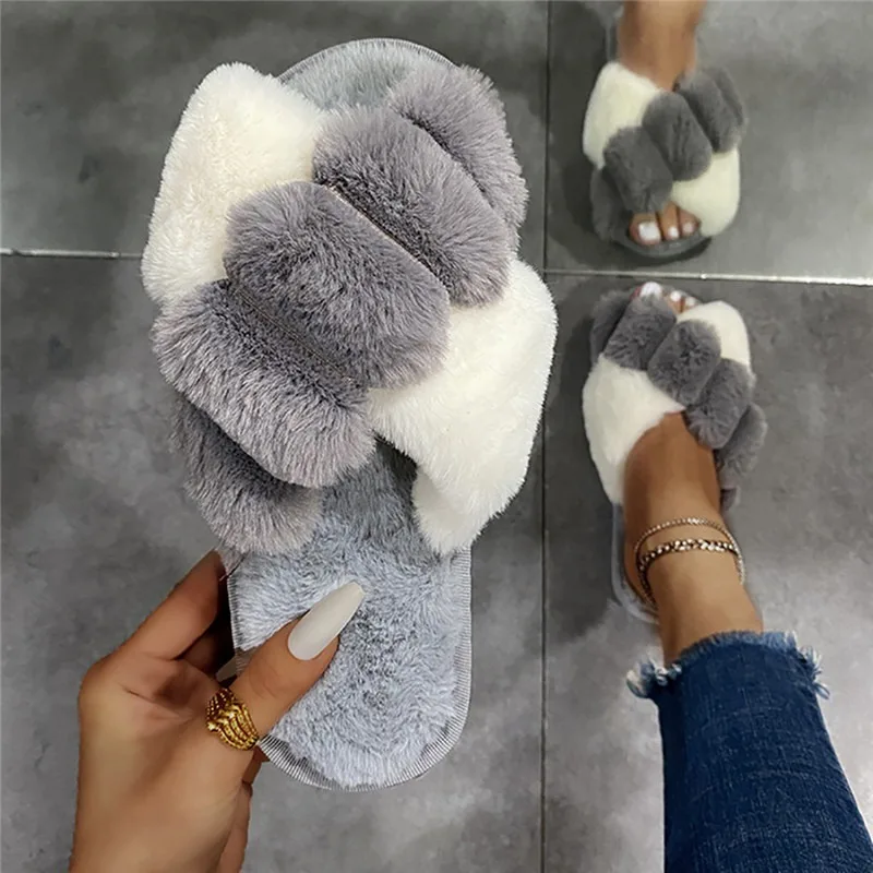 

2022 Winter Women Furry Slippers Soft Plush Cross Faux Fur Shoes Indoor Ladies Platform Sandalias Open Toe Fluffy House Slides
