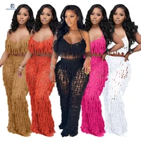 tassel sets for women 2 piece outfits summer sexy knit solid color halter lace up crop top see throught long pants beach wear