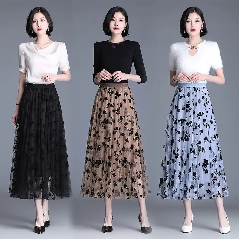 

Elegant Vintage Lace Jacquard Gauze Women's Skirt 2022 Spring Summer Office Lady Commuter Midi Skirts Elastic High-waisted Skirt