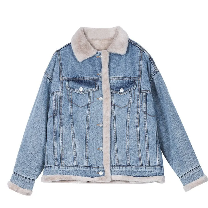 Lamb hair denim coat women's plush thickened fluffy casual cotton suit loose style overcome women's fur winter