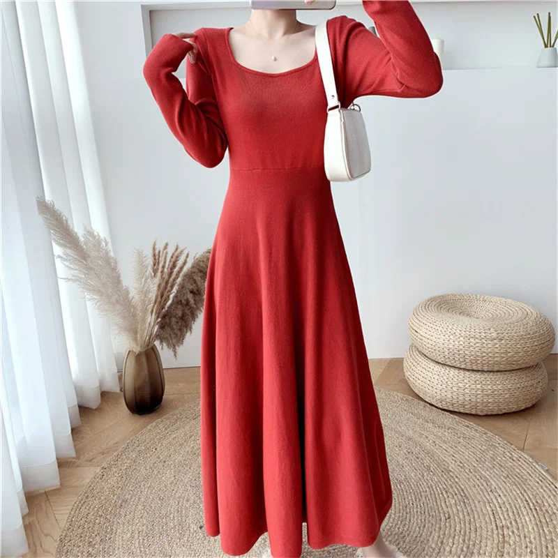

Knitted A-line Vintage Party Women Dresses Long Evening Elegant Dress Ladies 2022 Casual Chic Knitted Korea Autumn Winter New