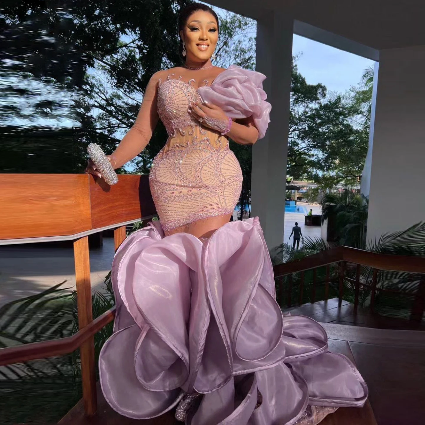

Gorgeous Lilac Mermaid Prom Dresses with Ruched Skirt Glitter Lace Beads Organza African Wedding Party Dress Aso Ebi Formal Gown