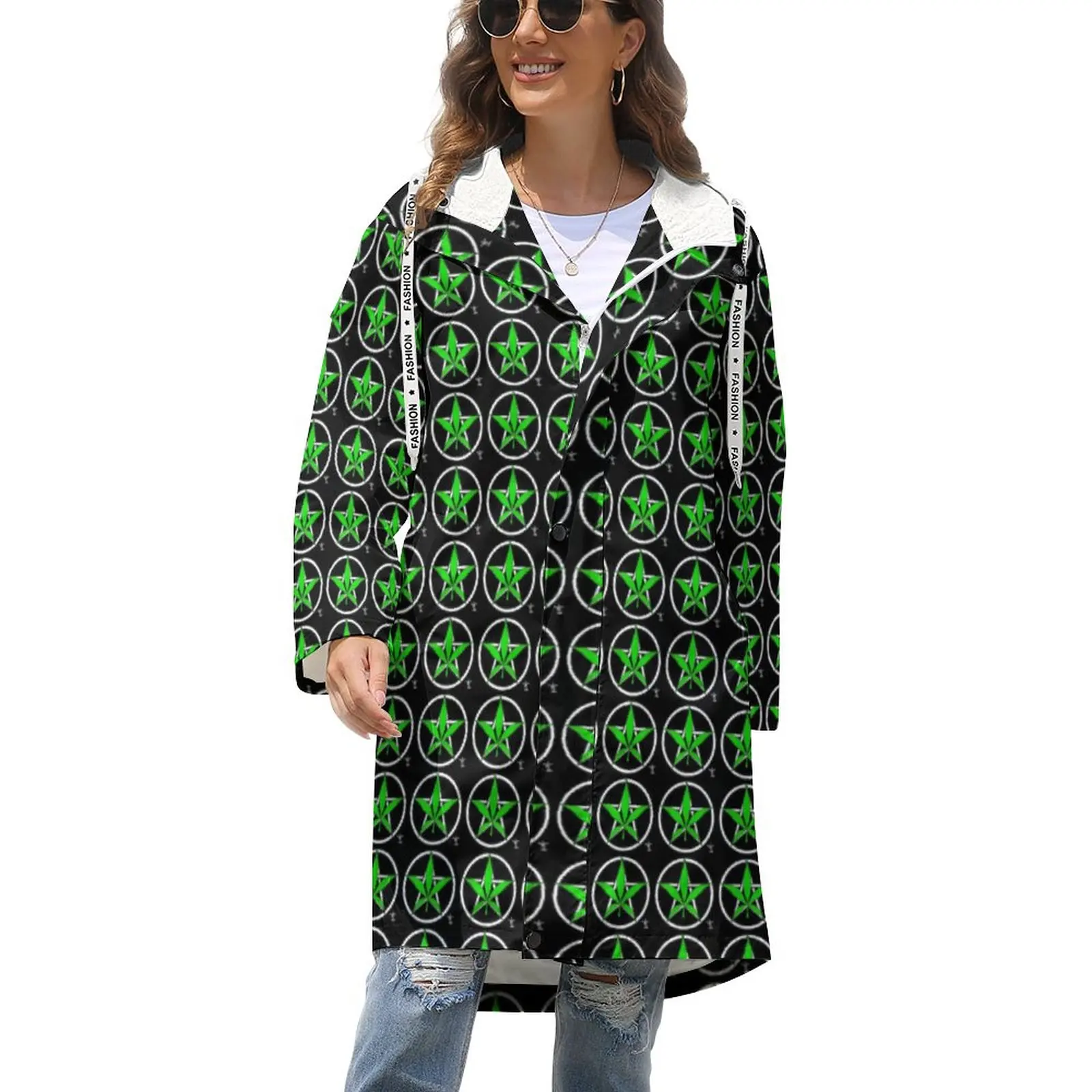 

Женское зимнее пальто на молнии, с принтом листьев травы