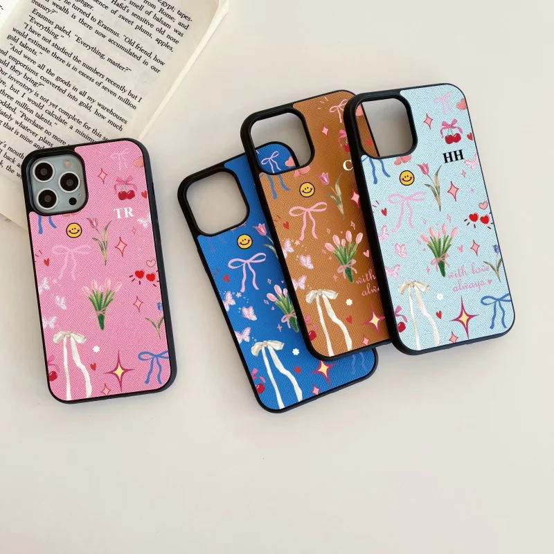 Фото Кожаный чехол из искусственной кожи CustomName Initials Blossom Flowers для iphone 15, 14, 13, 11, 12, 16 Pro Max 14, 15, 16 Plus XR XSMax, роскошный чехол №1