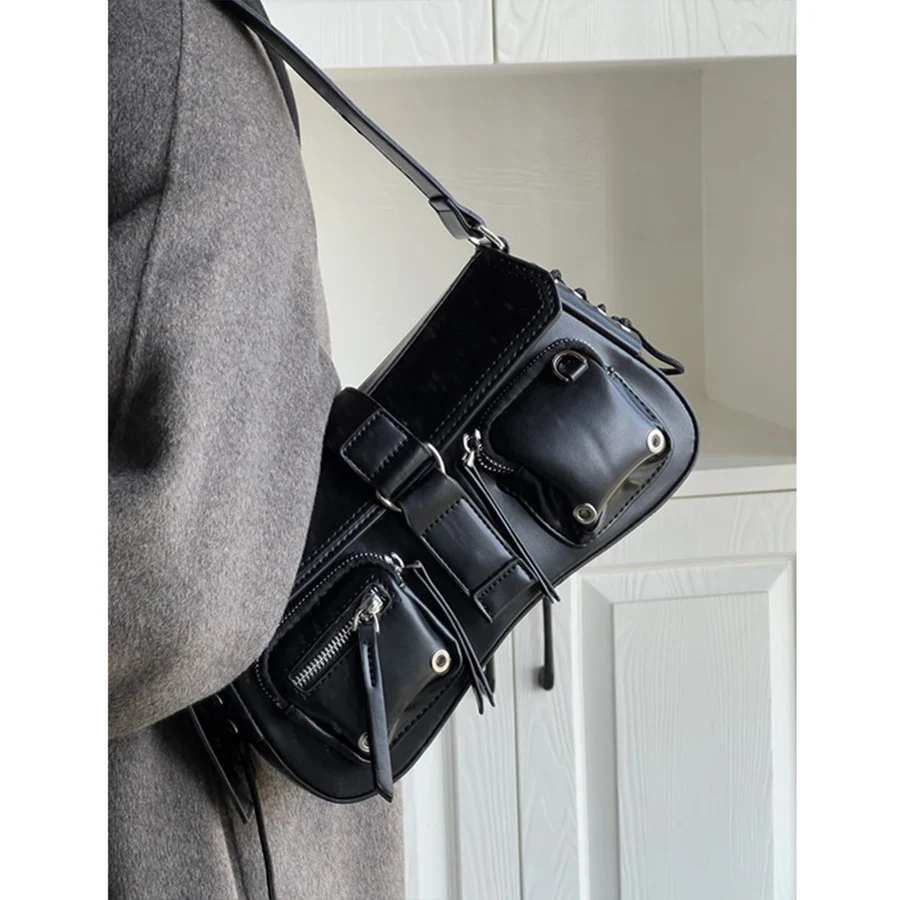 Casual Underarm Bag Female Handbags Black Fashion Design Motorcycle Shoulder Bag Shoulder Bag Women's Bag With Multiple Pockets