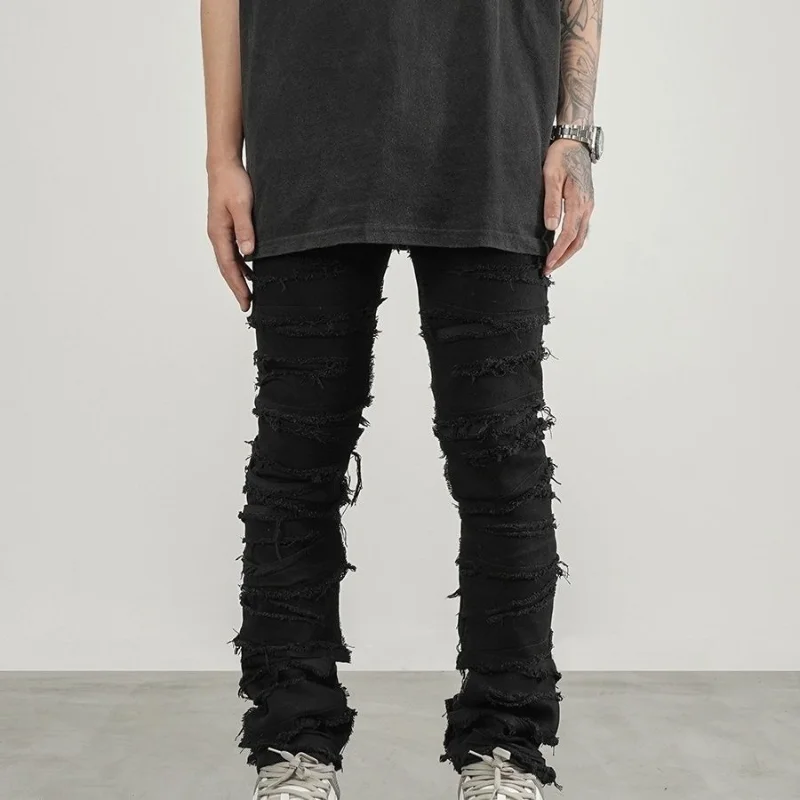 DEEPTOWN Ripped Jeans Men Heavy Destroyed Slim Denim Pants Gothic Casual Trousers Male Streetwear Punk Hip Hop Black Blue Spring