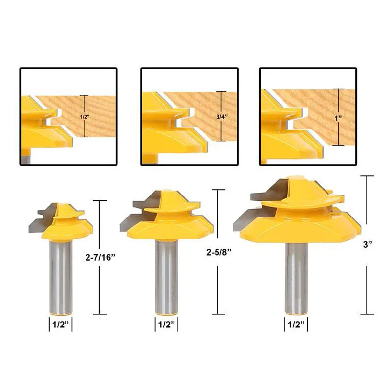 

3Pcs 45 Degree Lock Miter Glue Joint Router Bit Woodwork Cutter Set-1/2" Shank