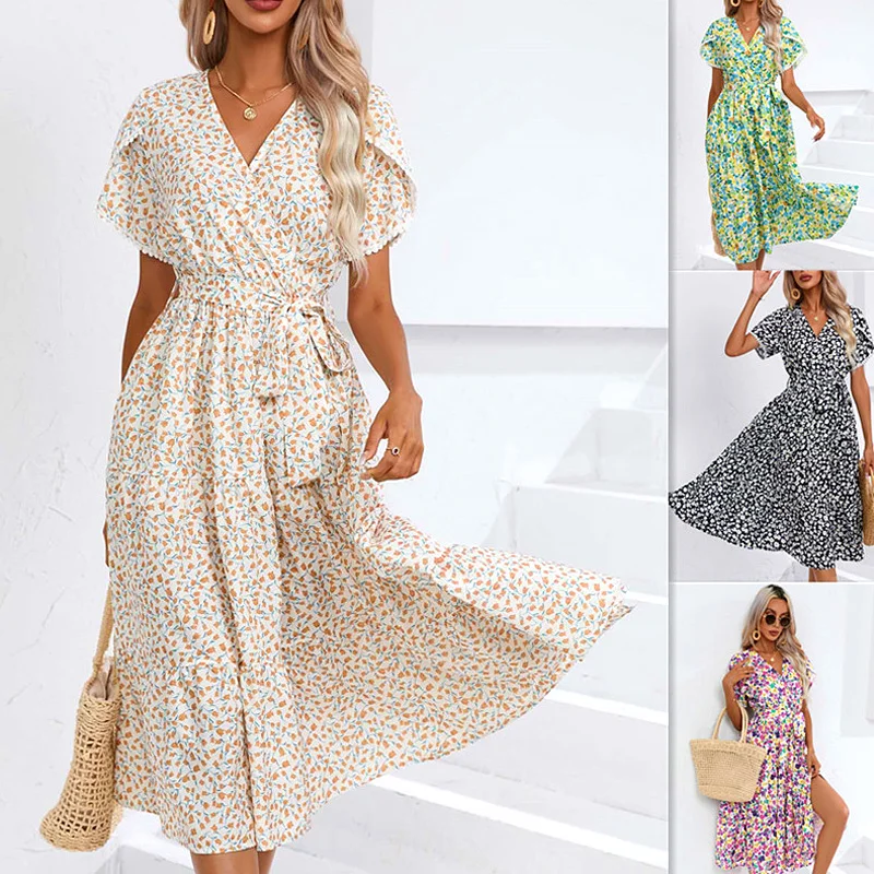 Spring/summer Sexy V-neck Dress Women's Fashion Elegant Flower Print Short Sleeve Lace Up Dress 2023 New Dress