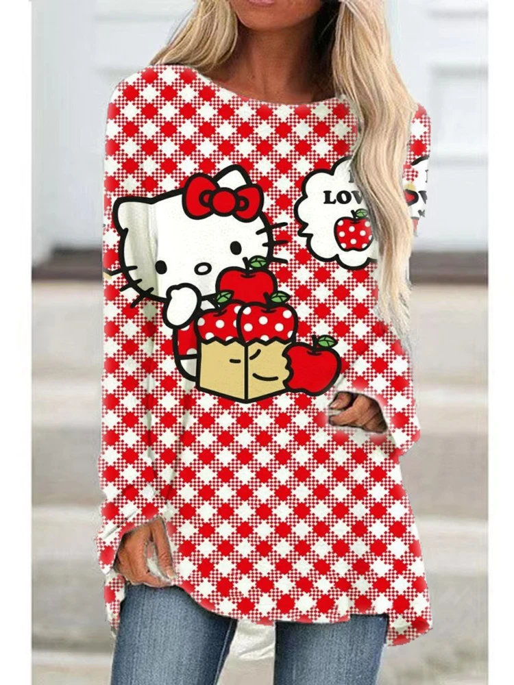 

Hello Kitty Women's T-Shirt Cartoon 3D Print O-Neck Loose Raglan Sleeve Hip-hop Party Casual Street Dress y2k