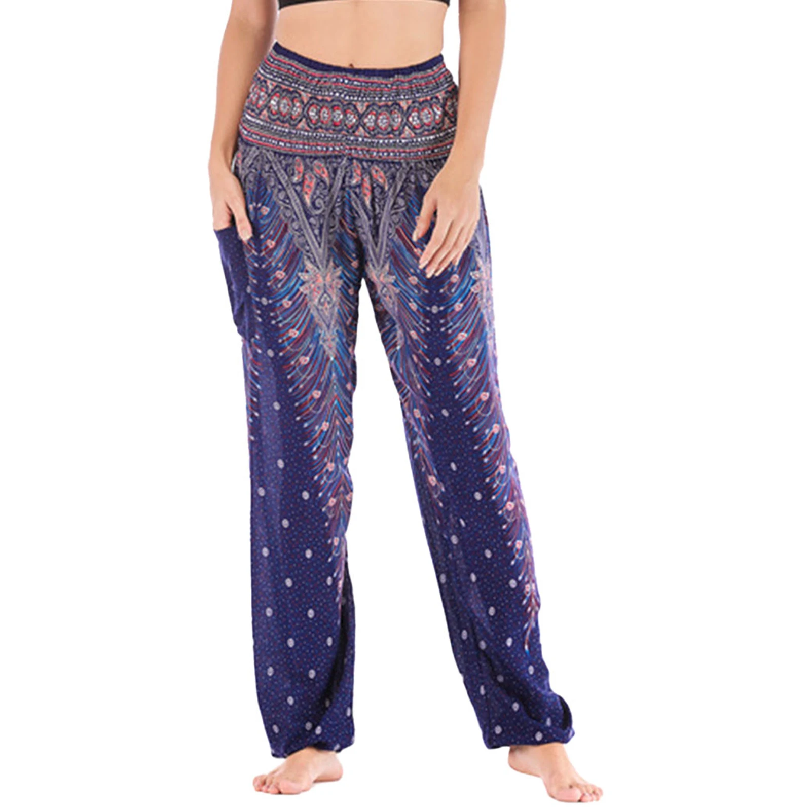 

Womens Vacation Pants High Waist Bloomers Shirred Peacock Print Elastic Waistband Yoga Pants Travel Beach Trousers with Pockets