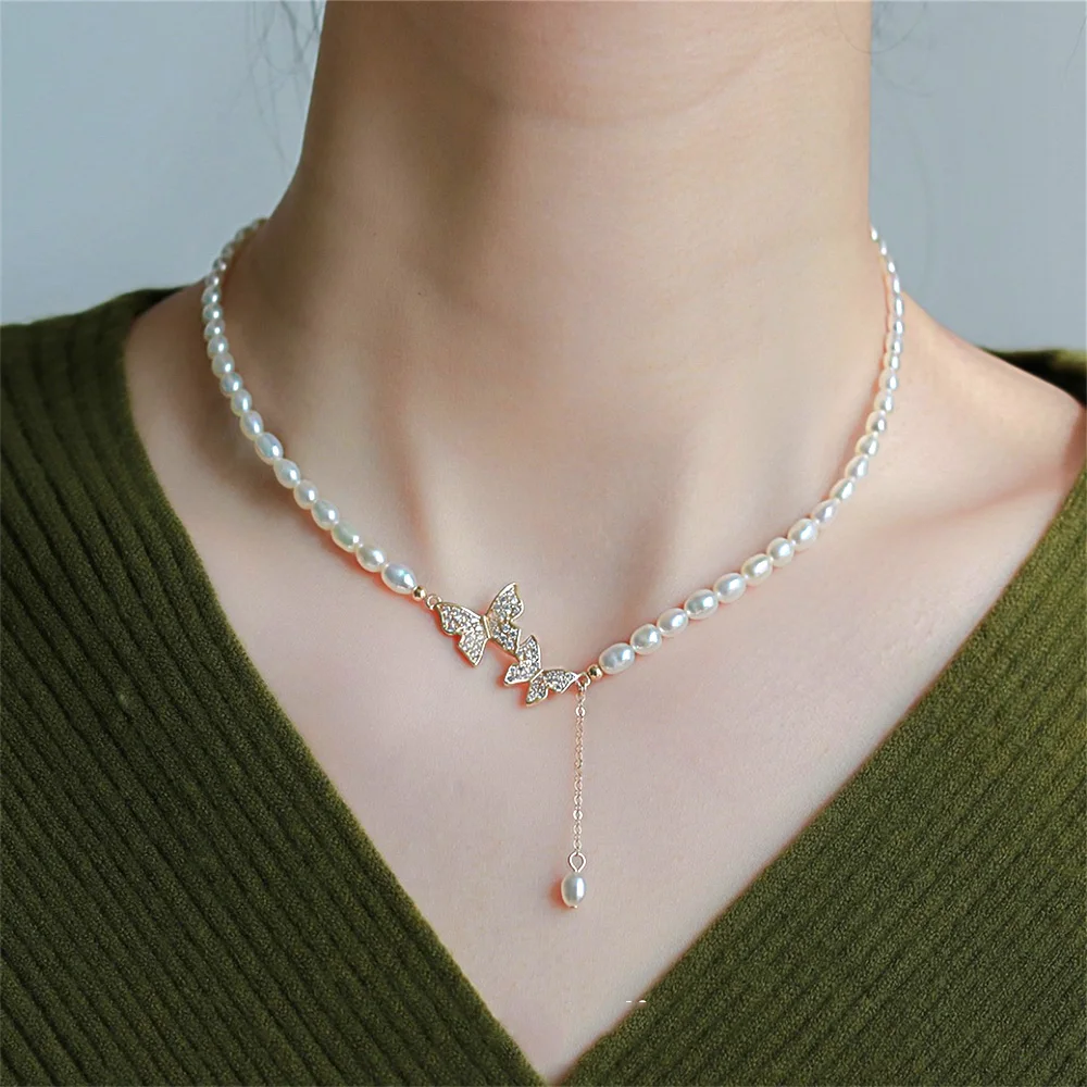 

Summer White Imitation Pearl Choker Necklace For Women Girls Dainty Double Rhinestone Butterfly Necklace Wedding Party Jewelry