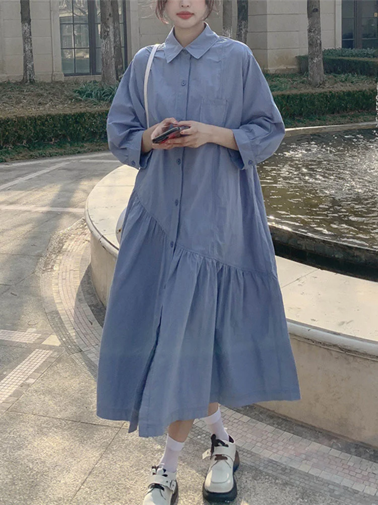 

Korean Style Loose Irregular Fishtail Dress For Women Lapel Single Breasted Long Dresses 2022 Summer New Clothing G191