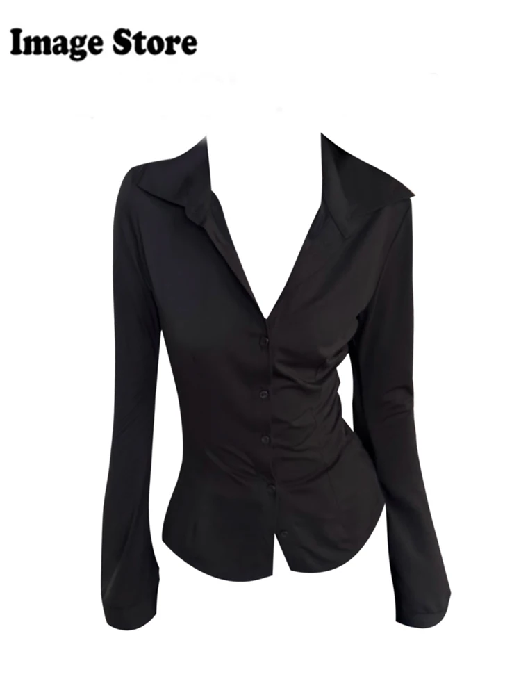 Женские офисные женские черные рубашки Y2k с длинным рукавом 2000-х годов эстетичный