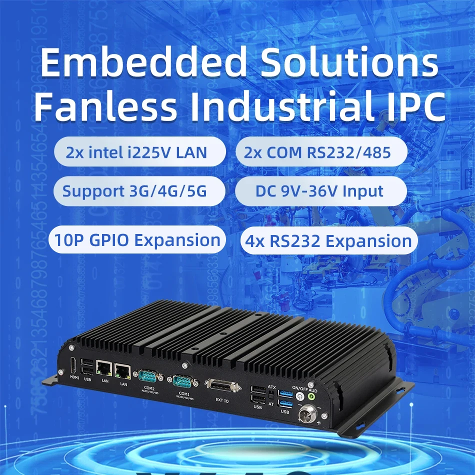 Промышленный мини-ПК без вентилятора Intel N100 i7-1165G7 DDR4 M.2 NVMe 2x COM RS232/485 Ethernet WiFi 4G/5G LTE GPIO