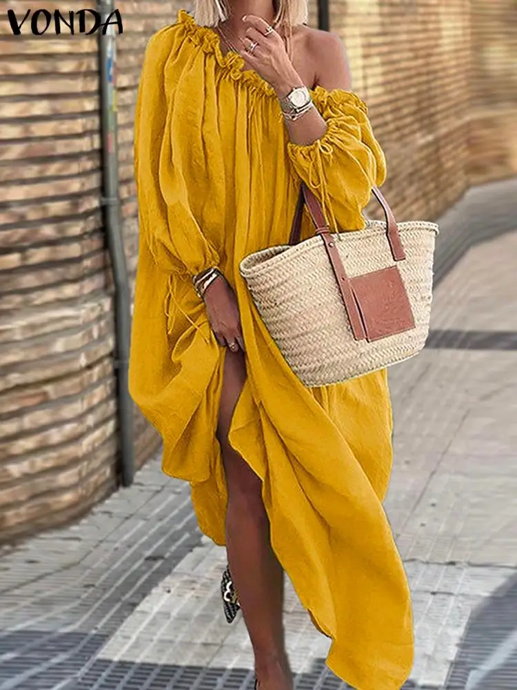 VONDA размера плюс 5XL 2024 элегантное женское платье сексуальное осеннее однотонное с