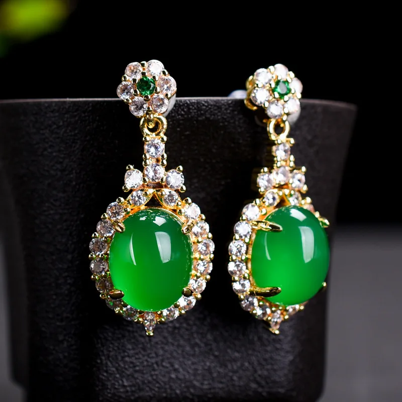 

Natural Green Jades Drop Earrings With Zircon Emerald Luxury Dangle Earring Women Jadeite Jewelry For Girlfriend Mom Gifts