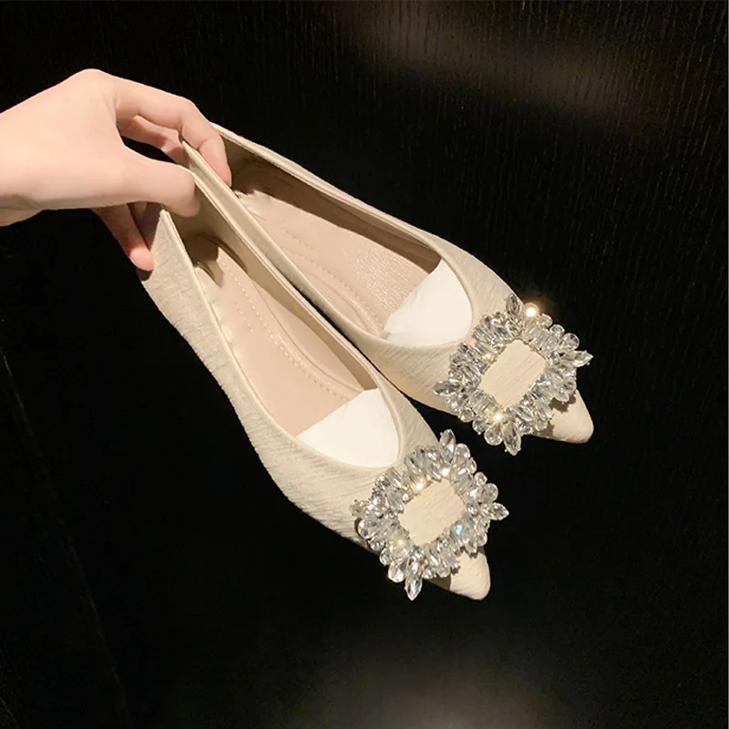 

Elegant Woman Heeled Shoes for Dancing Ballet Flash Drill Retro Square Buckle Flat Pointed Toe Dress Famous Brands Pumps Female