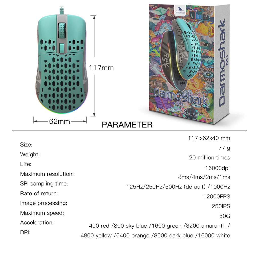 Проводная игровая мышь Darmoshark M1 16000 точек на дюйм регулируемая 8 клавиш PMW3389 легкая
