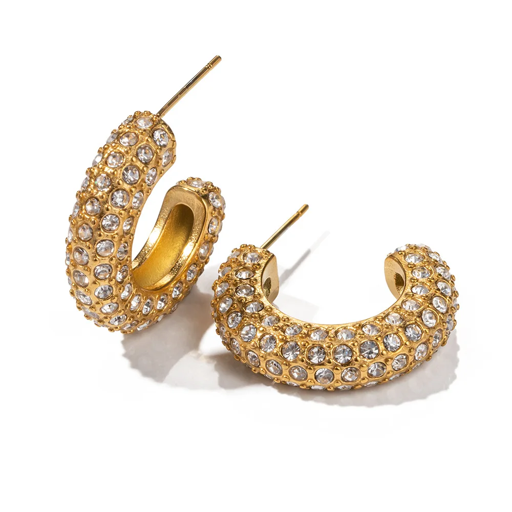

Stainless Steel PVD 18K Gold Plated Tarnish Waterproof Zircon Rhinestoned CC Hoop Earrings For Woman Jewelry Wholesale Trendy