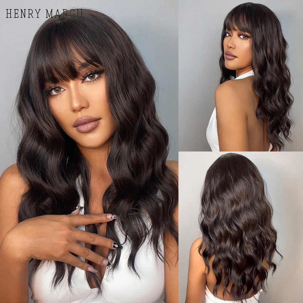 

HENRY MARGU Ombre Black Brown Synthetic Wigs for Women Afro Long Wave Hair Wig with Bangs Cosplay Party Heat Resistant Wig