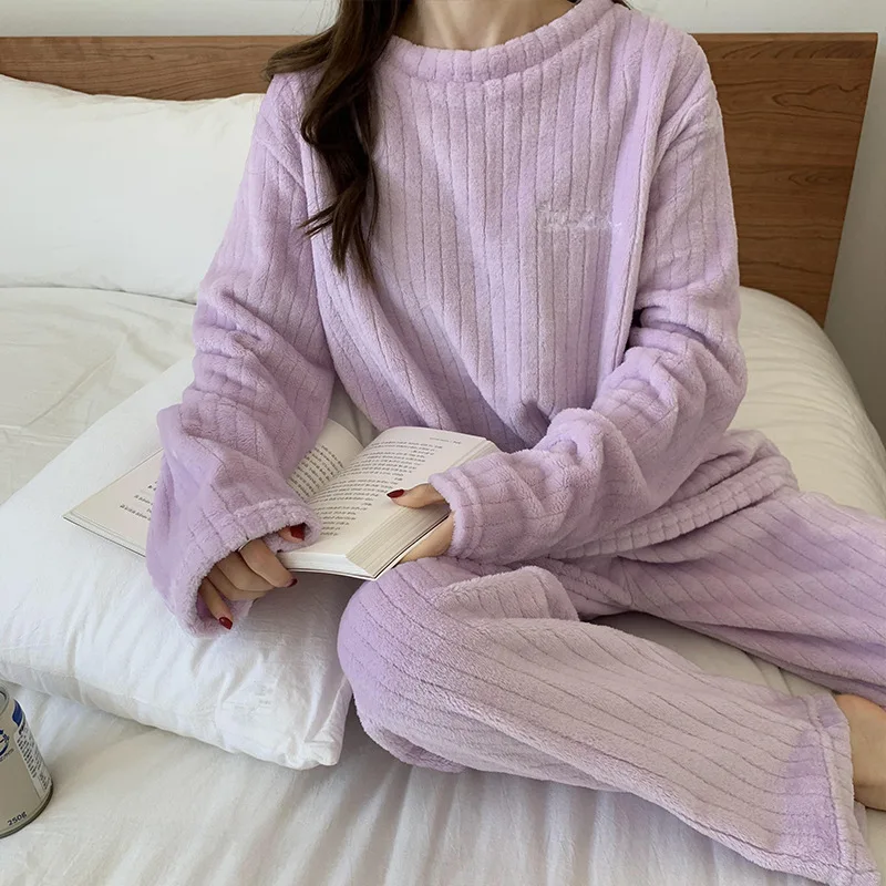 

Nightsuits Lounge plush Sets Long Women Warm Thicken and Female Flannel Wear Pajama 122412WZA Tops Sleeve Pants Sleepwear